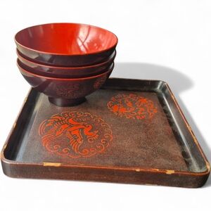 Black Lacquered Decorative Asian Tray with Set of Three Soup Bowls